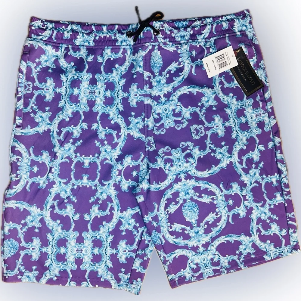 NWT Baroque Gold SZ XL purple/blue “Baroque” print shorts/waist 38”-52”